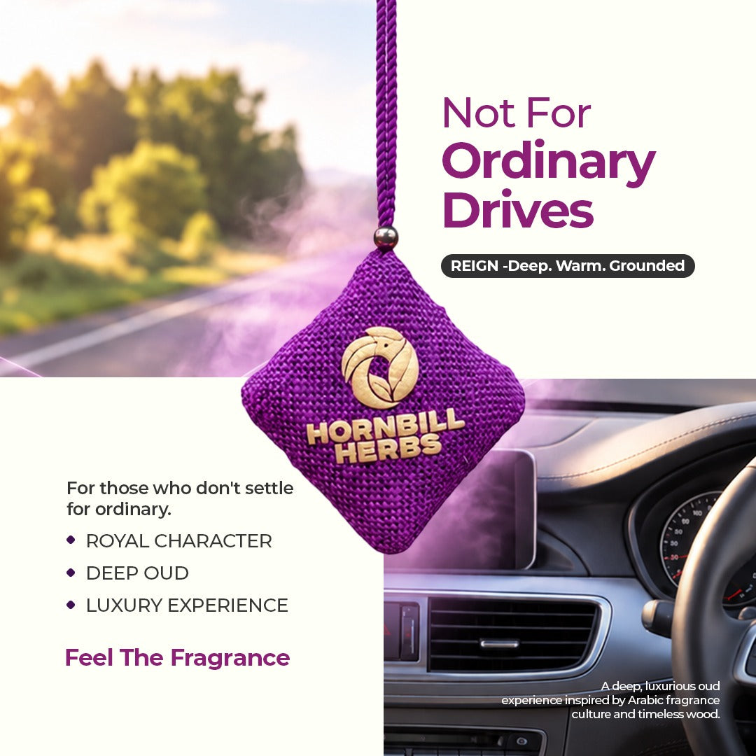 Hornbill Herbs REIGN Chemical-Free Natural Oud Car Fragrance Hanging Pouch – Deep & Luxurious Aroma