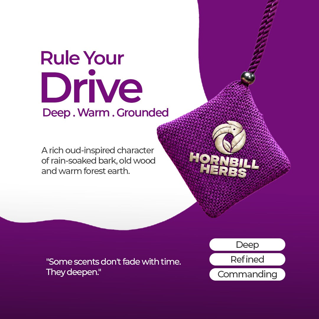 Hornbill Herbs REIGN Chemical-Free Natural Oud Car Fragrance Hanging Pouch – Deep & Luxurious Aroma